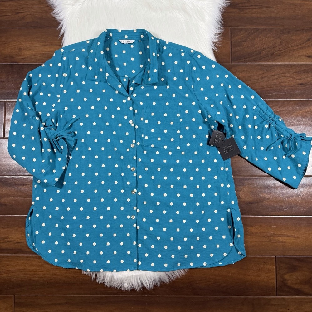 John Mark Size 2X Embroidered Polka Dot Button Up Cinched Sleeve Shirt Top